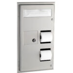 Stainless steel bathroom fixture with dual toilet paper holders and waste receptacle.