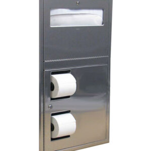 Stainless-steel bathroom fixture with top paper towel dispenser, dual toilet paper holder below.