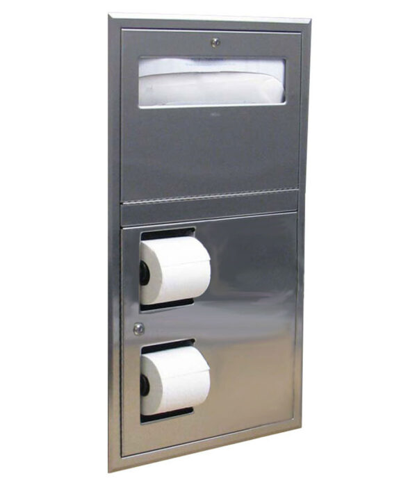 Stainless-steel bathroom fixture with top paper towel dispenser, dual toilet paper holder below.