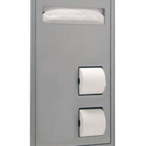 Stainless steel bathroom fixture with tissue dispenser and two toilet paper holders.