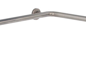 Stainless steel corner grab bar with brushed finish for wall mounting in bathrooms.