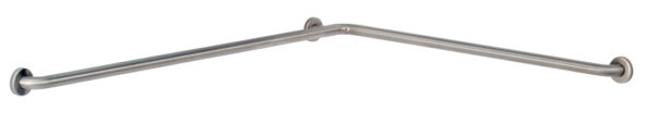 Stainless steel corner grab bar with brushed finish for wall mounting in bathrooms.