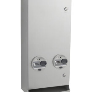 Stainless steel dual coin-operated dispenser with security lock and coin return.