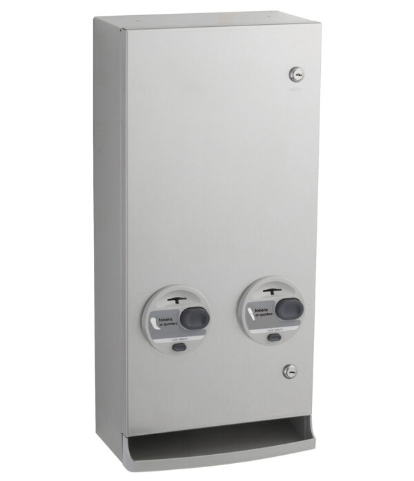 Stainless steel dual coin-operated dispenser with security lock and coin return.