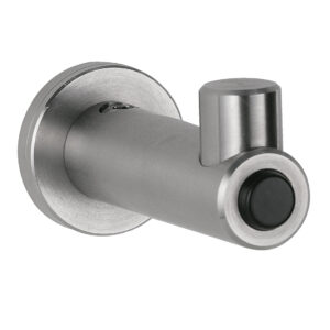 Stainless steel cylindrical wall hook with rounded end for hanging items.