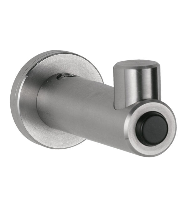 Stainless steel cylindrical wall hook with rounded end for hanging items.