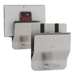 Wall-mounted stainless steel holder with slots for a tablet, smartphone, and support hook.