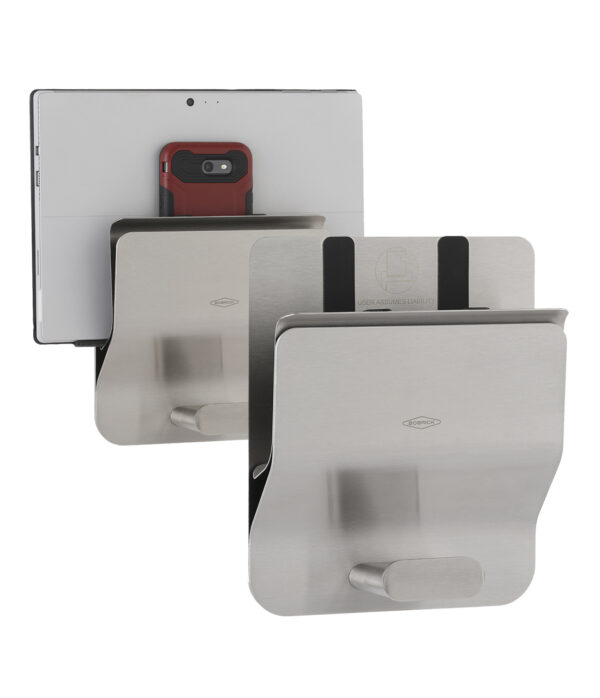 Wall-mounted stainless steel holder with slots for a tablet, smartphone, and support hook.