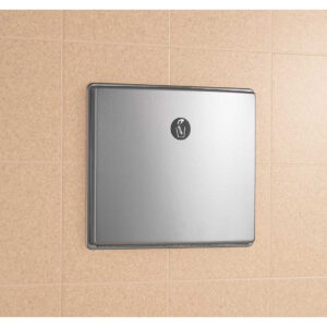 Stainless steel wall-mounted diaper changing station on tiled wall.