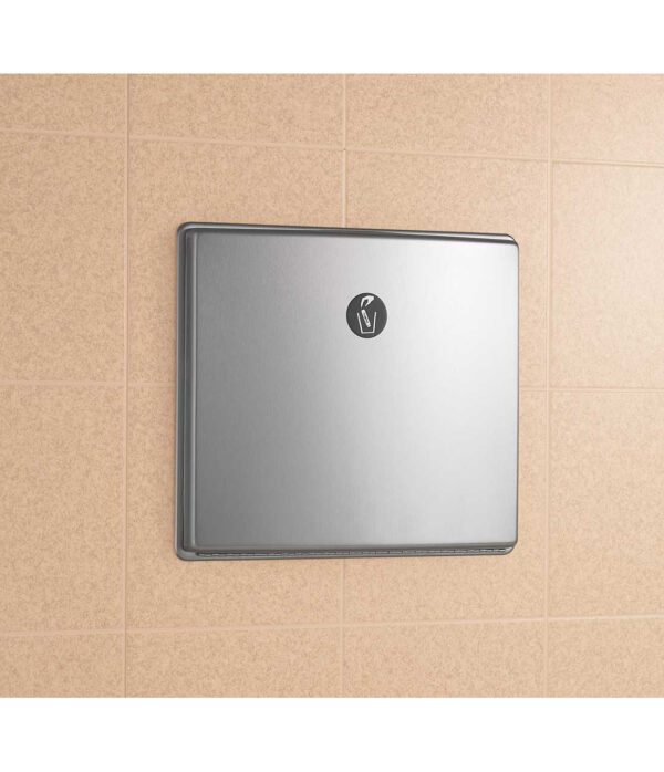 Stainless steel wall-mounted diaper changing station on tiled wall.