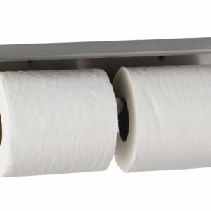 Stainless steel double toilet paper holder with two embossed white rolls mounted on a wall.