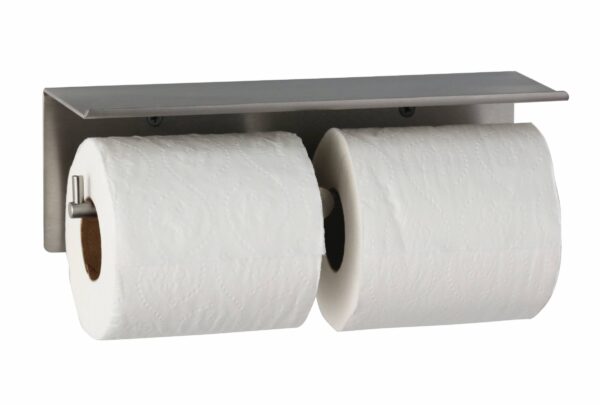 Stainless steel double toilet paper holder with two embossed white rolls mounted on a wall.