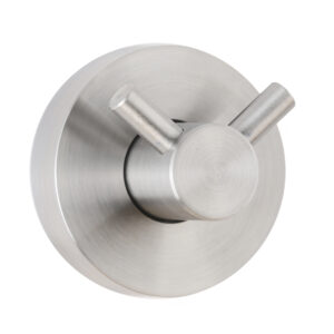 Brushed stainless steel double hook with two projections on a round base for wall mounting.