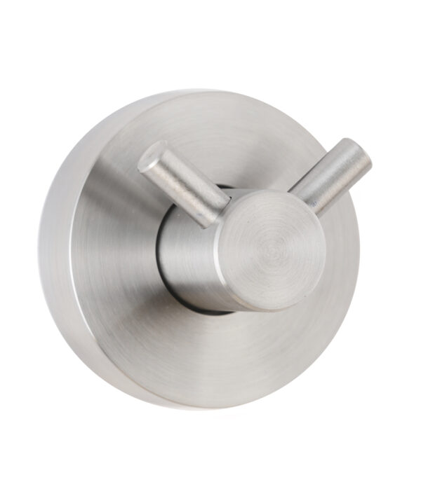 Brushed stainless steel double hook with two projections on a round base for wall mounting.