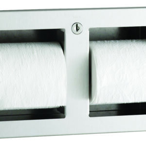 Wall-mounted stainless steel dual toilet paper dispenser with two rolls and central lock.