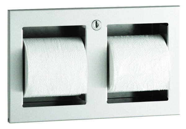 Wall-mounted stainless steel dual toilet paper dispenser with two rolls and central lock.