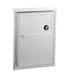 Wall-mounted stainless steel cabinet with lock and fire extinguisher symbol on front.