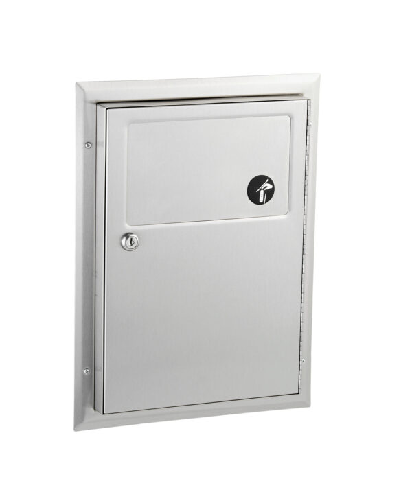 Wall-mounted stainless steel cabinet with lock and fire extinguisher symbol on front.