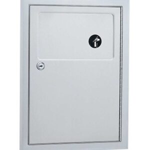 Wall-mounted stainless steel cabinet with fire extinguisher symbol, handle, and lock.