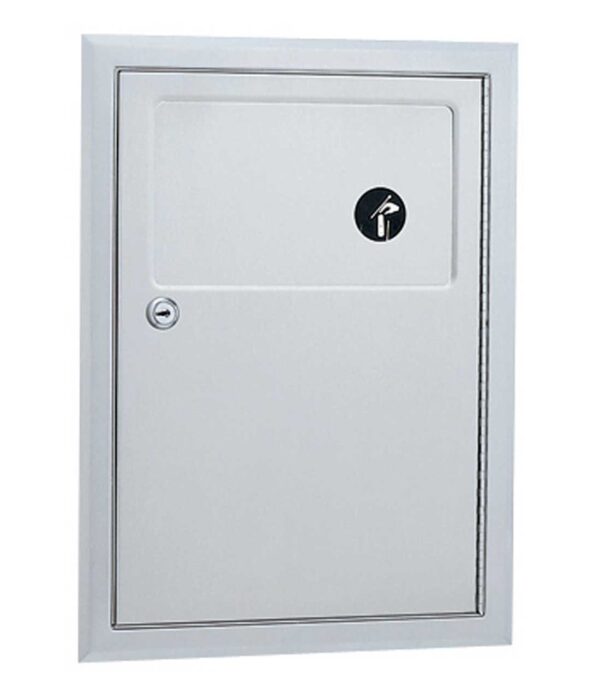 Wall-mounted stainless steel cabinet with fire extinguisher symbol, handle, and lock.