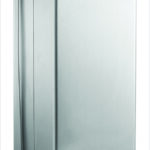 Stainless steel rectangular trash can with foot pedal for hands-free use.