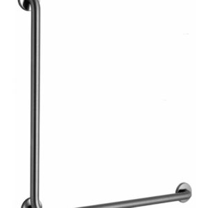 Stainless steel L-shaped grab bar for bathroom wall safety support.