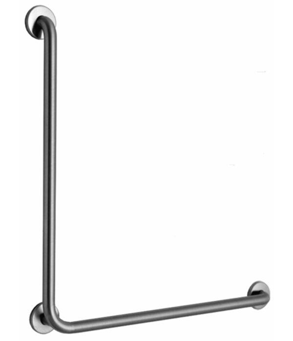 Stainless steel L-shaped grab bar for bathroom wall safety support.