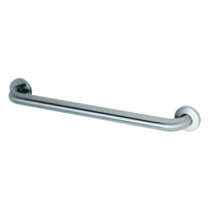 Stainless steel grab bar with rounded design and wall-mount flanges.