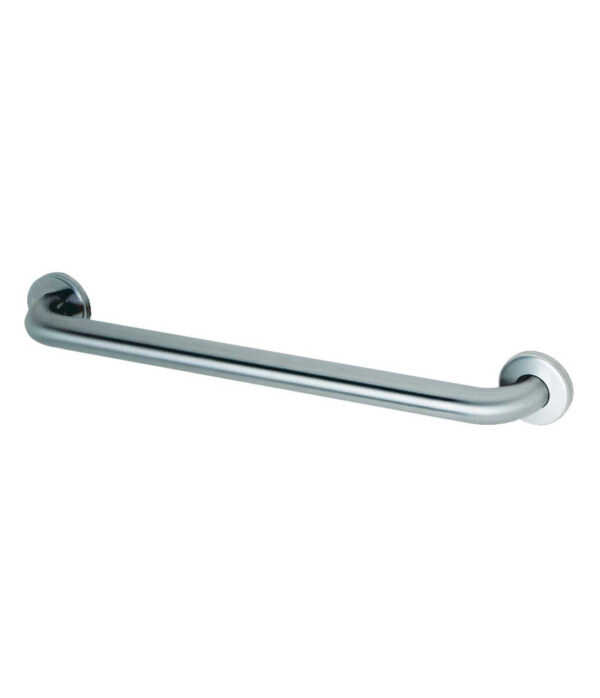 Stainless steel grab bar with rounded design and wall-mount flanges.