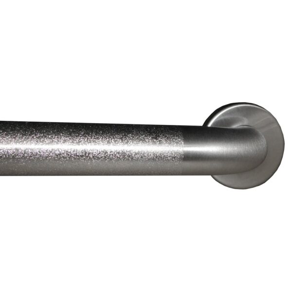 Stainless steel grab bar with textured grip and rounded wall mount.