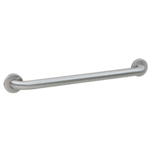 Stainless steel grab bar with cylindrical design mounted at both ends for wall installation.