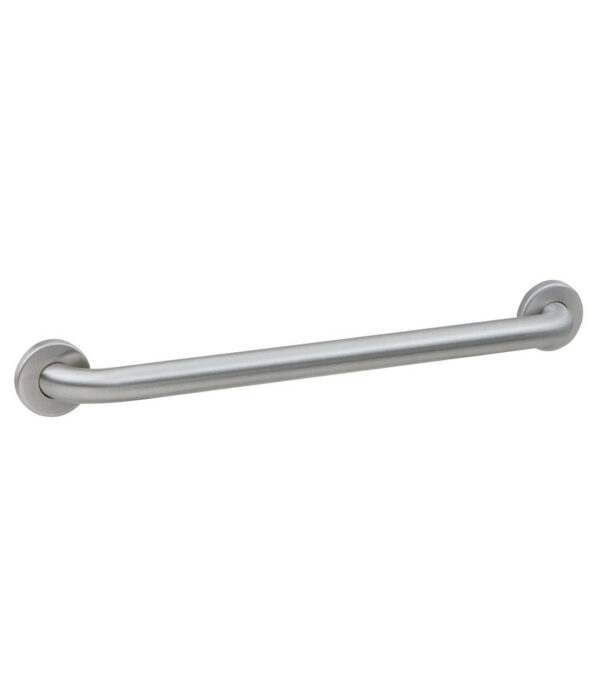 Stainless steel grab bar with cylindrical design mounted at both ends for wall installation.