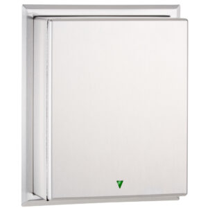 Stainless steel wall-mounted hand dryer with green light indicator.