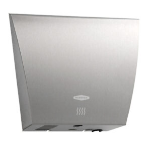 Stainless steel hand dryer with angular design and visible brand name on the front.