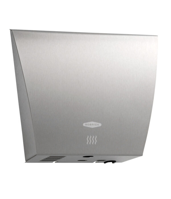 Stainless steel hand dryer with angular design and visible brand name on the front.