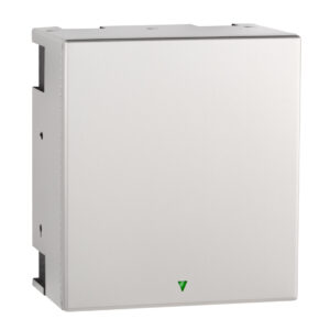 Stainless steel wall-mounted hand dryer with green indicator light.