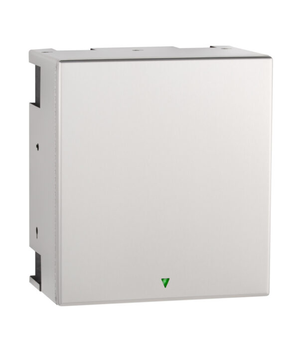 Stainless steel wall-mounted hand dryer with green indicator light.