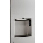 Stainless steel wall-mounted recessed hand dryer.