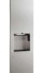 Stainless steel wall-mounted recessed hand dryer.