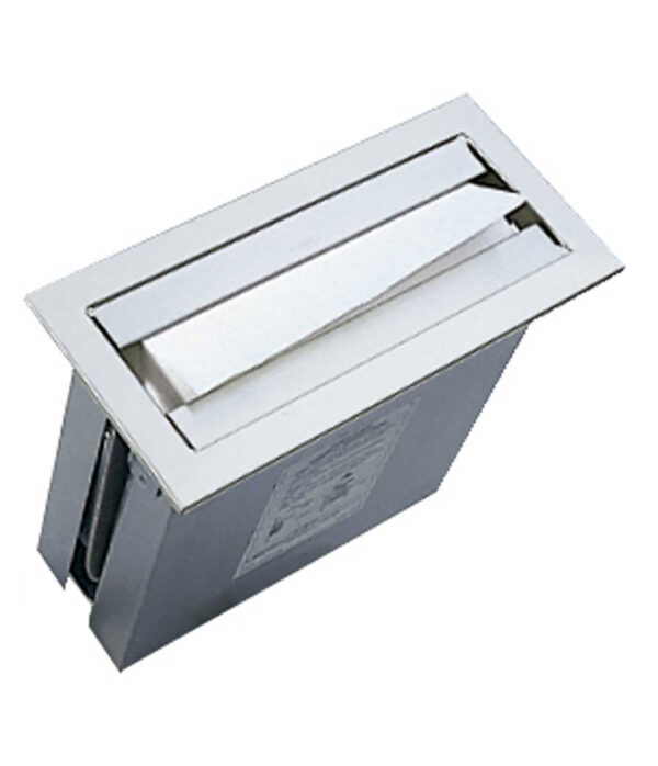 Metal in-wall tissue dispenser with rectangular opening, sleek stainless steel design.