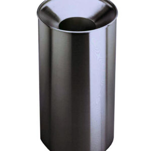 Stainless steel cylindrical waste bin with open top.