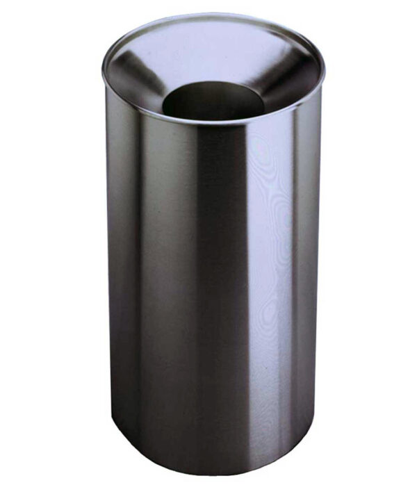 Stainless steel cylindrical waste bin with open top.