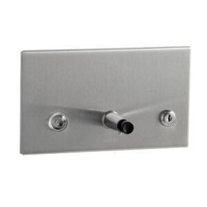 Stainless steel panel with central spout and two flanking buttons.