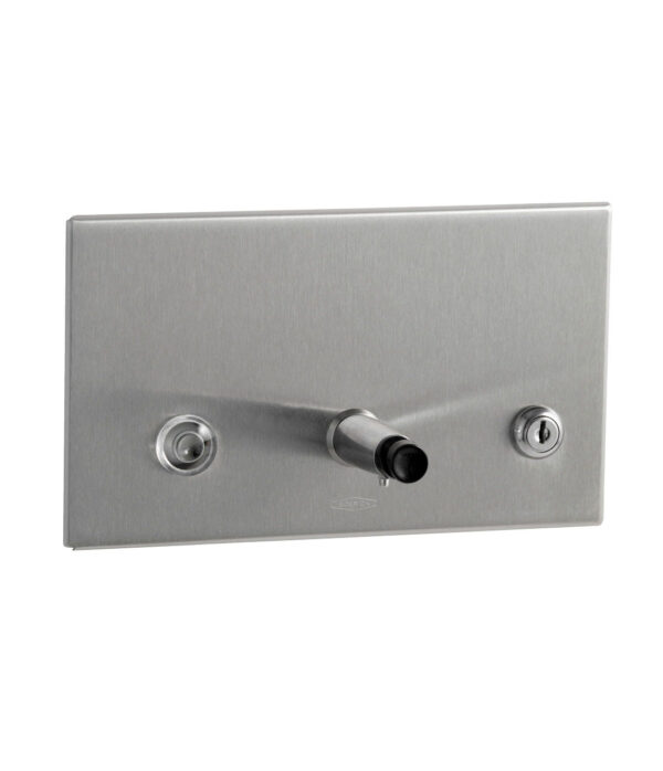 Stainless steel panel with central spout and two flanking buttons.