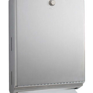 Stainless steel paper towel dispenser, wall-mounted with front and bottom slots.