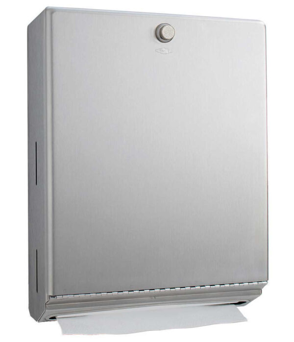 Stainless steel paper towel dispenser, wall-mounted with front and bottom slots.