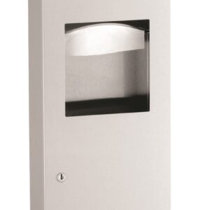 Stainless steel wall-mounted paper towel dispenser with slot and keyhole for secure access.