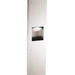 Wall-mounted stainless steel recessed paper towel dispenser with lockable panel.