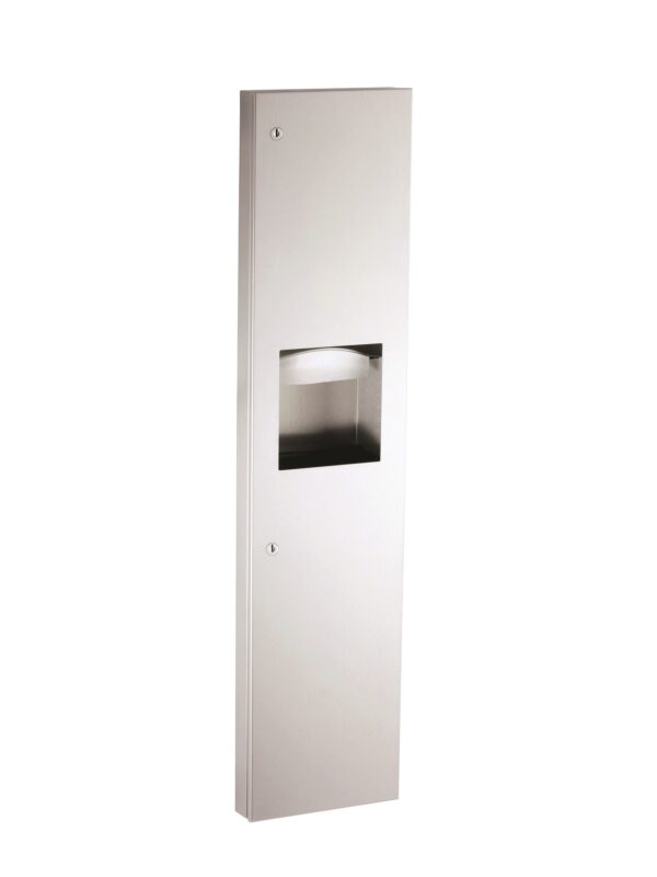 Wall-mounted stainless steel recessed paper towel dispenser with lockable panel.