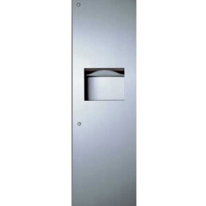 Stainless steel recessed paper towel dispenser with waste receptacle, minimalist design.